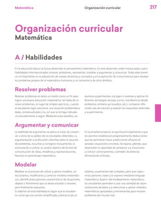 Matemática 217
Organización curricular
A / Habilidades
Organización curricular
Matemática
En la educación básica se busca desarrollar el pensamiento matemático. En este desarrollo, están involucradas cuatro
habilidades interrelacionadas: resolver problemas, representar, modelar y argumentar y comunicar. Todas ellas tienen
un rol importante en la adquisición de nuevas destrezas y conceptos y en la aplicación de conocimientos para resolver
los problemas propios de la matemática (rutinarios y no rutinarios) y de otros ámbitos.
Resolver problemas es tanto un medio como un fin para
lograr una buena educación matemática. Se habla de re-
solver problemas, en lugar de simples ejercicios, cuando
el estudiante logra solucionar una situación problemática
dada, contextualizada o no, sin que se le haya indicado
un procedimiento a seguir. Mediante estos desafíos, los
La habilidad de argumentar se aplica al tratar de conven-
cer a otros de la validez de los resultados obtenidos. La
argumentación y la discusión colectiva sobre la solución
de problemas, escuchar y corregirse mutuamente, la
estimulación a utilizar un amplio abanico de formas de
comunicación de ideas, metáforas y representaciones,
favorece el aprendizaje matemático.
Modelar es el proceso de utilizar y aplicar modelos, se-
leccionarlos, modificarlos y construir modelos matemáti-
cos, identificando patrones característicos de situaciones,
objetos o fenómenos que se desea estudiar o resolver,
para finalmente evaluarlos.
El objetivo de esta habilidad es lograr que el estudian-
te construya una versión simplificada y abstracta de un
Resolver problemas
Argumentar y comunicar
Modelar
alumnos experimentan, escogen o inventan y aplican di-
ferentes estrategias (ensayo y error, transferencia desde
problemas similares ya resueltos, etc.), comparan dife-
rentes vías de solución y evalúan las respuestas obtenidas
y su pertinencia.
En la enseñanza básica, se apunta principalmente a que
los alumnos establezcan progresivamente deducciones
que les permitirán hacer predicciones eficaces en
variadas situaciones concretas. Se espera, además, que
desarrollen la capacidad de verbalizar sus intuiciones
y concluir correctamente, y también de detectar
afirmaciones erróneas.
sistema, usualmente más complejo, pero que captu-
re los patrones claves y lo exprese mediante lenguaje
matemático. A partir del modelamiento matemático,
los estudiantes aprenden a usar una variedad de repre-
sentaciones de datos y a seleccionar y aplicar métodos
matemáticos apropiados y herramientas para resolver
problemas del mundo real.
 