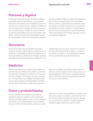 Matemática 219
Organización curricular
En este eje se espera que los estudiantes aprendan a
reconocer, visualizar y dibujar figuras, y a describir las ca-
racterísticas y propiedades de figuras 3D y figuras 2D en
situaciones estáticas y dinámicas. Se entregan conceptos
para entender la estructura del espacio y describir con un
Este eje pretende que los estudiantes sean capaces de
identificar las características de los objetos y cuantificar-
los, para poder compararlos y ordenarlos. Las caracterís-
ticas de los objetos –ancho, largo, alto, peso, volumen,
etc.– permiten determinar medidas no estandarizadas.
Una vez que los alumnos han desarrollado la habilidad
de hacer estas mediciones, se espera que conozcan y
Este eje responde a la necesidad de que todos los
estudiantes registren, clasifiquen y lean información
dispuesta en tablas y gráficos, y que se inicien en temas
relacionados con las probabilidades. Estos conocimien-
tos les permitirán reconocer gráficos y tablas en su vida
Geometría
Medición
Datos y probabilidades
lenguaje más preciso lo que ya conocen en su entorno.
El estudio del movimiento de los objetos —la reflexión,
la traslación y la rotación— busca desarrollar temprana-
mente el pensamiento espacial de los alumnos.
dominen las unidades de medida estandarizadas. Se
pretende que sean capaces de seleccionar y usar la uni-
dad apropiada para medir tiempo, capacidad, distancia
y peso, usando las herramientas específicas de acuerdo
con lo que se está midiendo.
cotidiana. Para lograr este aprendizaje, es necesario que
conozcan y apliquen encuestas y cuestionarios por me-
dio de la formulación de preguntas relevantes, basadas
en sus experiencias e intereses, y después registren lo
obtenido y hagan predicciones a partir de ellos.
En este eje se pretende que los estudiantes expliquen
y describan relaciones de todo tipo, como parte del
estudio de la matemática. Los estudiantes buscarán re-
laciones entre números, formas, objetos y conceptos, lo
que los facultará para investigar las formas, las cantida-
des y el cambio de una cantidad en relación con otra.
Los patrones (observables en secuencias de objetos, imá-
genes o números que presentan regularidades) pueden
ser representados en forma concreta, pictórica y simbóli-
ca, y los estudiantes deben ser capaces de transportarlos
de una forma de representación a otra, extenderlos,
usarlos y crearlos. La percepción de los patrones les per-
mite predecir y también fundamentar su razonamiento
al momento de resolver problemas. Una base sólida en
patrones facilita el desarrollo de un pensamiento mate-
mático más abstracto en los niveles superiores, como es
el pensamiento algebraico.
Patrones y álgebra
 