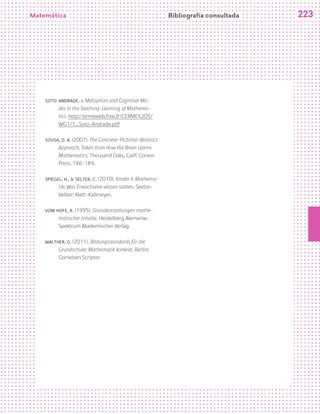 223
Soto-Andrade, J. Metaphors and Cognitive Mo-
des in the Teaching-Learning of Mathema-
tics. http://ermeweb.free.fr/CERME%205/
WG1/1_Soto-Andrade.pdf
Sousa, D. A. (2007). The Concrete-Pictorial-Abstract
Approach. Taken from How the Brain Learns
Mathematics. Thousand Oaks, Calif: Corwin
Press. 186-189.
Spiegel, H., & Selter, C. (2010). Kinder & Mathema-
tik: Was Erwachsene wissen sollten. Seelze-
Velber: Klett-Kallmeyer.
Vom Hofe, R. (1995). Grundvorstellungen mathe-
matischer Inhalte. Heidelberg Alemania:
Spektrum Akademischer Verlag.
Walther, G. (2011). Bildungsstandards für die
Grundschule: Mathematik konkret. Berlin:
Cornelsen Scriptor
Matemática Bibliografía consultada
 