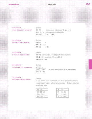 Matemática 257
Estrategia
“usar dobles y mitades”
Ejemplo:
33 – 16 = se considera el doble de 16, que es 32
32 + 1 – 16 = se descompone 33 en 32 + 1
32 – 16 + 1 = 16 + 1 = 17
Estrategia
“uno más uno menos”
Ejemplo:
19 + 22 =
20 – 1 + 22 =
20 + 22 – 1 = 41
Estrategia
“dos más dos menos”
Ejemplo:
18 + 46 = se redondea 18 a 20 para facilitar el cálculo
20 2 + 46 = se expresa 18 como 20 - 2
20 + 46 – 2 = 64
Estrategia
“sumar en vez de restar”
Ejemplo:
47 – 29 =
29 + = 47 se usa la reversibilidad de las operaciones
29 + 18 = 47
Estrategia
“por descomposición”
Ejemplo:
En una adición o una sustracción, se suma o resta tanto como sea
necesario para llegar a la decena más cercana y después se suma o
resta lo que falta:
48 – 27 = 			 35 + 17 =
48 – 20 = 28 			 35 + 10 = 45
28 – 7 = 21 			 45 + 7 = 52
48 – 27 = 21			 35 + 17 = 52
Glosario
 