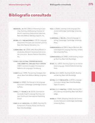 275
Bibliografía consultada
Bibliografía consultada
ANDERSON, L. W. (Ed.) (2001). A Taxonomy for Lear-
ning, Teaching, and Assessing. A revision of
Bloom’s taxonomy of educational objectives.
New York: Addison Wesley Longman, inc.
BROWN, H. D. y ABEYWICKRAMA, P. (2010). Language
Assessment. Principles and classroom practice.
New York: Pearson Education, Inc.
CUNNINGHAM, P. M. (2009). What Really Matters in
Vocabulary. Research-based practices across
the curriculum. Boston: Pearson Education,
Inc.
COUNCIL FOR CULTURAL COOPERATION EDUCA-
TION COMMITTEE, LANGUAGE POLICY DIVISION
(2001). Common European Framework of
Reference for Languages. Strasbourg
CHAMOT, A. U. (1999). The Learning Strategies Han-
dbook. New York: Addison Wesley Longman,
Inc.
DUDENEY, G. (2000). The Internet in the Language
Classroom. Cambridge: Cambridge Universi-
ty Press.
FARRELL, T. y JACOBS, G. M. (2010). Essentials for
Successful English Language Teaching. Lon-
don: Continuum International Publishing
Group
FERRIS, D. R. y HEDGCOCK, J. S. (2005). Teaching ESL
Composition. Purpose, Process and Practice.
New York: Routledge.
FIELD, J. (2008). Listening in the Language Clas-
sroom. Cambridge: Cambridge University
Press.
FLOWERDEW, J. y MILLER, L. Second Language Lis-
tening. Cambridge: Cambridge University
Press.
KUMARAVADIVELU, B. (2003). Beyond Methods. Ma-
crostrategies for Language Teaching. London:
Yale University Press.
KUMARAVADIVELU, B. (2006). Understanding Langua-
ge Teaching. New York: Routledge.
McKAY, S. L. (2002). Teaching English as an Interna-
tional Language. Oxford: Oxford University
Press
NATION, I. S. P. (2009). Teaching ESL/EFL Reading
and Writing. New York: Routledge
NATION, I. S. P. y Macalister, J. (2010). Language
Curriculum Design. New York: Routledge,
Taylor & Francis.
NATION, I. S. P. y NEWTON, J. (2009). Teaching ESL/
EFL Listening and Speaking. New York: Rout-
ledge.
NUNAN, D. (1989). Designing Tasks for the Commu-
nicative Classroom. Cambridge: Cambridge
University Press.
Idioma Extranjero Inglés
 