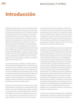 292 Bases Curriculares Ú 1º a 6º Básico
El desarrollo del lenguaje es uno de los objetivos funda-
mentales de la educación escolar, ya que es la principal
herramienta a través de la cual el ser humano construye
y comprende el mundo que lo rodea y entra en diálo-
go consigo mismo y con otros. El lenguaje es la forma
que toma nuestro pensamiento, nos relaciona con los
demás y nos hace parte de una comunidad cultural. Un
objetivo primordial del proceso educativo es que los
alumnos adquieran las habilidades comunicativas que
son indispensables para desenvolverse en el mundo y
para integrarse en una sociedad democrática de manera
activa e informada. Durante la enseñanza básica se bus-
ca llevar estas habilidades a un grado de desarrollo que
permita al alumno valerse independiente y eficazmente
de ellas para resolver los desafíos de la vida cotidiana,
adquirir nuevos conocimientos y enfrentar con éxito las
exigencias de la vida escolar.
El pensamiento crítico y reflexivo se sustenta sobre un
desarrollo sólido del lenguaje. Este es el entramado que
permite pensar con claridad, ampliar los conocimientos,
expresarlos y relacionarlos entre sí. Las dos dimensiones
en que se manifiesta el lenguaje verbal, lo oral y lo escri-
to, constituyen elementos determinantes del desarrollo
cognitivo y son herramientas de aprendizaje para los
alumnos en todas las asignaturas. Un buen dominio de
la lengua materna es la base de una buena educación y
la clave para el éxito en el ámbito escolar.
Al terminar la educación básica se espera que los niños
sepan expresar su pensamiento coherentemente para
resolver situaciones cotidianas y para llegar a acuerdos
con otras personas a través del diálogo; así como tam-
bién exponer con soltura y claridad su punto de vista
o sus conocimientos en la conversación o frente a un
público. Además, se busca que sean lectores autóno-
mos, capaces de informarse, aprender y entretenerse
a través de la lectura de textos diversos; y que puedan
expresarse por escrito, tanto en la comunicación perso-
nal como académica, para ordenar, clarificar y trasmitir
creativamente sus ideas en diferentes contextos. Estos
aprendizajes sientan la base para desarrollar el pensa-
miento creativo, entendido como la capacidad de ima-
ginar, generar y relacionar ideas y cuestionarse sobre el
mundo que los rodea para contribuir a él.
Una dimensión importante que enriquece la visión de la
asignatura es que el lenguaje incorpora al estudiante a
su comunidad cultural. La enseñanza formal refuerza la
apropiación del patrimonio cultural oral y escrito, que
forma parte de un bagaje común en que reconocemos
nuestra identidad y nos abrimos a la complejidad del
mundo. Durante el proceso educativo los estudiantes
comprenden que la lengua construye una cultura de la
cual forman parte, que está en permanente transfor-
mación y que ha creado obras de significado profundo
para ellos y para la sociedad. Para que esta apropiación
ocurra es necesario que el niño desarrolle, desde los
primeros años, la curiosidad y el gusto por la palabra. En
esta etapa, esto implica experimentar los diversos usos
del lenguaje hablado y escrito, y comenzar a conocer
y apreciar tanto el legado de la tradición oral como las
obras literarias universales y nacionales. En este sentido,
los Objetivos de Aprendizaje buscan familiarizar al estu-
diante con una variedad de obras de calidad de diversos
orígenes y culturas, propiciando el disfrute y presen-
tándolas como un modo de incentivar en los alumnos el
interés y el hábito de la lectura
En relación con el enfoque de la asignatura, los Objetivos
de Aprendizaje mantienen el enfoque comunicativo del
marco curricular anterior, es decir, apuntan al desarro-
Introducción
 