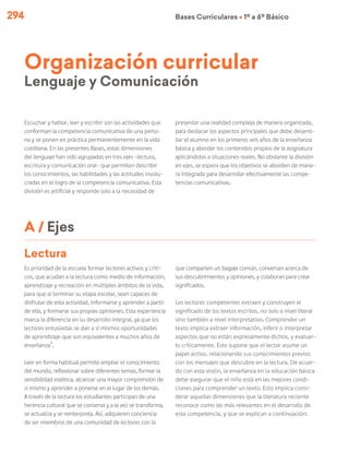 294 Bases Curriculares Ú 1º a 6º Básico
Organización curricular
Lenguaje y Comunicación
Escuchar y hablar, leer y escribir son las actividades que
conforman la competencia comunicativa de una perso-
na y se ponen en práctica permanentemente en la vida
cotidiana. En las presentes Bases, estas dimensiones
del lenguaje han sido agrupadas en tres ejes –lectura,
escritura y comunicación oral– que permiten describir
los conocimientos, las habilidades y las actitudes involu-
cradas en el logro de la competencia comunicativa. Esta
división es artificial y responde solo a la necesidad de
Es prioridad de la escuela formar lectores activos y críti-
cos, que acudan a la lectura como medio de información,
aprendizaje y recreación en múltiples ámbitos de la vida,
para que al terminar su etapa escolar, sean capaces de
disfrutar de esta actividad, informarse y aprender a partir
de ella, y formarse sus propias opiniones. Esta experiencia
marca la diferencia en su desarrollo integral, ya que los
lectores entusiastas se dan a sí mismos oportunidades
de aprendizaje que son equivalentes a muchos años de
enseñanza1
.
Leer en forma habitual permite ampliar el conocimiento
del mundo, reflexionar sobre diferentes temas, formar la
sensibilidad estética, alcanzar una mayor comprensión de
sí mismo y aprender a ponerse en el lugar de los demás.
A través de la lectura los estudiantes participan de una
herencia cultural que se conserva y a la vez se transforma,
se actualiza y se reinterpreta. Así, adquieren conciencia
de ser miembros de una comunidad de lectores con la
presentar una realidad compleja de manera organizada,
para destacar los aspectos principales que debe desarro-
llar el alumno en los primeros seis años de la enseñanza
básica y abordar los contenidos propios de la asignatura
aplicándolos a situaciones reales. No obstante la división
en ejes, se espera que los objetivos se aborden de mane-
ra integrada para desarrollar efectivamente las compe-
tencias comunicativas.
Lectura
que comparten un bagaje común, conversan acerca de
sus descubrimientos y opiniones, y colaboran para crear
significados.
Los lectores competentes extraen y construyen el
significado de los textos escritos, no solo a nivel literal
sino también a nivel interpretativo. Comprender un
texto implica extraer información, inferir o interpretar
aspectos que no están expresamente dichos, y evaluar-
lo críticamente. Esto supone que el lector asume un
papel activo, relacionando sus conocimientos previos
con los mensajes que descubre en la lectura. De acuer-
do con esta visión, la enseñanza en la educación básica
debe asegurar que el niño está en las mejores condi-
ciones para comprender un texto. Esto implica consi-
derar aquellas dimensiones que la literatura reciente
reconoce como las más relevantes en el desarrollo de
esta competencia, y que se explican a continuación:
A / Ejes
 