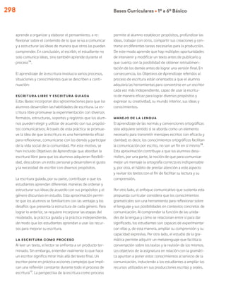 298 Bases Curriculares Ú 1º a 6º Básico
aprende a organizar y elaborar el pensamiento, a re-
flexionar sobre el contenido de lo que se va a comunicar
y a estructurar las ideas de manera que otros las puedan
comprender. En conclusión, al escribir, el estudiante no
solo comunica ideas, sino también aprende durante el
proceso16
.
El aprendizaje de la escritura involucra varios procesos,
situaciones y conocimientos que se describen a conti-
nuación:
Escritura libre y escritura guiada
Estas Bases incorporan dos aproximaciones para que los
alumnos desarrollen las habilidades de escritura. La es-
critura libre promueve la experimentación con diversos
formatos, estructuras, soportes y registros que los alum-
nos pueden elegir y utilizar de acuerdo con sus propósi-
tos comunicativos. A través de esta práctica se promue-
ve la idea de que la escritura es una herramienta eficaz
para reflexionar, comunicarse con los demás y participar
de la vida social de la comunidad. Por este motivo, se
han incluido Objetivos de Aprendizaje que abordan la
escritura libre para que los alumnos adquieran flexibili-
dad, descubran un estilo personal y desarrollen el gusto
y la necesidad de escribir con diversos propósitos.
La escritura guiada, por su parte, contribuye a que los
estudiantes aprendan diferentes maneras de ordenar y
estructurar sus ideas de acuerdo con sus propósitos y el
género discursivo en estudio. Esta aproximación permi-
te que los alumnos se familiaricen con las ventajas y los
desafíos que presenta la estructura de cada género. Para
lograr lo anterior, se requiere incorporar las etapas del
modelado, la práctica guiada y la práctica independiente,
de modo que los estudiantes aprendan a usar los recur-
sos para mejorar su escritura.
La escritura como proceso
Al leer un texto, el lector se enfrenta a un producto ter-
minado. Sin embargo, entender realmente lo que hace
un escritor significa mirar más allá del texto final. Un
escritor pone en práctica acciones complejas que impli-
can una reflexión constante durante todo el proceso de
escritura17
. La perspectiva de la escritura como proceso
permite al alumno establecer propósitos, profundizar las
ideas, trabajar con otros, compartir sus creaciones y cen-
trarse en diferentes tareas necesarias para la producción.
De este modo aprende que hay múltiples oportunidades
de intervenir y modificar un texto antes de publicarlo y
que cuenta con la posibilidad de obtener retroalimen-
tación de los demás antes de lograr una versión final. En
consecuencia, los Objetivos de Aprendizaje referidos al
proceso de escritura están orientados a que el alumno
adquiera las herramientas para convertirse en un escritor
cada vez más independiente, capaz de usar la escritu-
ra de manera eficaz para lograr diversos propósitos y
expresar su creatividad, su mundo interior, sus ideas y
conocimientos.
Manejo de la lengua
El aprendizaje de las normas y convenciones ortográficas
solo adquiere sentido si se aborda como un elemento
necesario para transmitir mensajes escritos con eficacia y
claridad; es decir, los conocimientos ortográficos facilitan
la comunicación por escrito, no son un fin en sí mismo18
.
Esta aproximación contribuye a que los alumnos desa-
rrollen, por una parte, la noción de que para comunicar
mejor un mensaje la ortografía correcta es indispensable
y, por otra, el hábito de prestar atención a este aspecto
y revisar los textos con el fin de facilitar su lectura y su
comprensión.
Por otro lado, el enfoque comunicativo que sustenta esta
propuesta curricular considera que los conocimientos
gramaticales son una herramienta para reflexionar sobre
el lenguaje y sus posibilidades en contextos concretos de
comunicación. Al comprender la función de las unida-
des de la lengua y cómo se relacionan entre sí para dar
significado, los estudiantes son capaces de experimentar
con ellas y, de esta manera, ampliar su comprensión y su
capacidad expresiva. Por otro lado, el estudio de la gra-
mática permite adquirir un metalenguaje que facilita la
conversación sobre los textos y la revisión de los mismos.
Los objetivos de la asignatura en relación con la gramáti-
ca apuntan a poner estos conocimientos al servicio de la
comunicación, induciendo a los estudiantes a ampliar los
recursos utilizados en sus producciones escritas y orales.
 