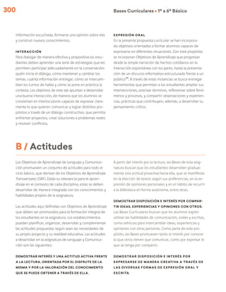 300 Bases Curriculares Ú 1º a 6º Básico
Los Objetivos de Aprendizaje de Lenguaje y Comunica-
ción promueven un conjunto de actitudes para todo el
ciclo básico, que derivan de los Objetivos de Aprendizaje
Transversales (OAT). Dada su relevancia para el apren-
dizaje en el contexto de cada disciplina, estas se deben
desarrollar de manera integrada con los conocimientos y
habilidades propios de la asignatura.
Las actitudes aquí definidas son Objetivos de Aprendizaje
que deben ser promovidos para la formación integral de
los estudiantes en la asignatura. Los establecimientos
pueden planificar, organizar, desarrollar y complementar
las actitudes propuestas según sean las necesidades de
su propio proyecto y su realidad educativa. Las actitudes
a desarrollar en la asignatura de Lenguaje y Comunica-
ción son las siguientes:
Demostrar interés y una actitud activa frente
a la lectura, orientada por el disfrute de la
misma y por la valoración del conocimiento
que se puede obtener a través de ella.
A partir del interés por la lectura, las Bases de esta asig-
natura buscan que los estudiantes desarrollen gradual-
mente una actitud proactiva hacia ella, que se manifiesta
en la elección de textos según sus preferencias, en la ex-
presión de opiniones personales y en el hábito de recurrir
a la biblioteca en forma autónoma, entre otras.
Demostrar disposición e interés por compar-
tir ideas, experiencias y opiniones con otros.
Las Bases Curriculares buscan que los alumnos logren
utilizar las habilidades de comunicación, orales y escritas,
como vehículo para intercambiar ideas, experiencias y
opiniones con otras personas. Como parte de este pro-
pósito, las Bases promueven tanto el interés por conocer
lo que otros tienen que comunicar, como por expresar lo
que se tenga por compartir.
Demostrar disposición e interés por
expresarse de manera creativa a través de
las diversas formas de expresión oral y
escrita.
B / Actitudes
información escuchada, formarse una opinión sobre ella
y construir nuevos conocimientos.
Interacción
Para dialogar de manera efectiva y propositiva los estu-
diantes deben aprender una serie de estrategias que les
permiten participar adecuadamente en la conversación:
quién inicia el diálogo, cómo mantener y cambiar los
temas, cuánta información entregar, cómo se intercam-
bian los turnos de habla y cómo se pone en práctica la
cortesía. Los objetivos de este eje apuntan a desarrollar
una buena interacción, de manera que los alumnos se
conviertan en interlocutores capaces de expresar clara-
mente lo que quieren comunicar y lograr distintos pro-
pósitos a través de un diálogo constructivo, que permita
enfrentar proyectos, crear soluciones a problemas reales
y resolver conflictos.
Expresión oral
En la presente propuesta curricular se han incorpora-
do objetivos orientados a formar alumnos capaces de
expresarse en diferentes situaciones. Con este propósito
se incorporan Objetivos de Aprendizaje que progresan
desde la simple narración de hechos cotidianos en la
interacción espontánea con los pares, hasta la presenta-
ción de un discurso informativo estructurado frente a un
público24
. A través de estas instancias se busca entregar
herramientas que permitan a los estudiantes ampliar sus
intervenciones, precisar términos, reflexionar sobre fenó-
menos y procesos, y compartir observaciones y experien-
cias, prácticas que contribuyen, además, a desarrollar su
pensamiento crítico.
 