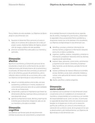 Educación Básica 29
física y hábitos de vida saludable. Los Objetivos de Apren-
dizaje en esta dimensión son:
1.	 favorecer el desarrollo físico personal y el autocui-
dado, en el contexto de la valoración de la vida y el
propio cuerpo, mediante hábitos de higiene, preven-
ción de riesgos y hábitos de vida saludable.
2.	 practicar actividad física adecuada a sus intereses y
aptitudes.
Dimensión
afectiva
Apunta al crecimiento y el desarrollo personal de los
estudiantes a través de la conformación de una iden-
tidad personal y del fortalecimiento de la autoestima y
la autovalía, del desarrollo de la amistad y la valoración
del rol de la familia y grupos de pertenencia, y de la
reflexión sobre el sentido de sus acciones y de su vida.
Los Objetivos de Aprendizaje en esta dimensión son:
3.	 adquirir un sentido positivo ante la vida, una sana
autoestima y confianza en sí mismo, basada en el
conocimiento personal, tanto de sus potencialidades
como de sus limitaciones.
4.	 comprender y apreciar la importancia que tienen las
dimensiones afectiva, espiritual, ética y social para un
sano desarrollo sexual.
5.	 apreciar la importancia social, afectiva y espiritual de
la familia para el desarrollo integral de cada uno de
sus miembros y de toda la sociedad.
Dimensión
cognitiva
Los objetivos que forman parte de esta dimensión
orientan los procesos de conocimiento y comprensión
de la realidad; favorecen el desarrollo de las capacida-
des de análisis, investigación y teorización, y desarrollan
la capacidad crítica y propositiva frente a problemas y
situaciones nuevas que se les plantean a los estudiantes.
Los Objetivos de Aprendizaje en esta dimensión son:
6.	 identificar, procesar y sintetizar información de
diversas fuentes y organizar la información relevante
acerca de un tópico o problema.
7.	 organizar, clasificar, analizar, interpretar y sintetizar la
información y establecer relaciones entre las distintas
asignaturas del aprendizaje.
8.	 exponer ideas, opiniones, convicciones, sentimientos
y experiencias de manera coherente y fundamen-
tada, haciendo uso de diversas y variadas formas de
expresión.
9.	 resolver problemas de manera reflexiva en el ámbito
escolar, familiar y social, tanto utilizando modelos y
rutinas como aplicando de manera creativa concep-
tos y criterios.
10.	diseñar, planificar y realizar proyectos.
Dimensión
socio-cultural
Los objetivos que se plantean en esta dimensión sitúan
a la persona como un ciudadano en un escenario de-
mocrático, comprometido con su entorno y con sentido
de responsabilidad social. Junto con esto, se promueve
la capacidad de desarrollar estilos de convivencia social
basadas en el respeto por el otro y en la resolución
pacífica de conflictos, así como el conocimiento y la
valoración de su entorno social, de los grupos en los que
se desenvuelven y del medioambiente. Los Objetivos de
Aprendizaje en esta dimensión son:
Objetivos de Aprendizaje Transversales
 