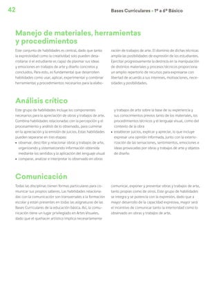 42 Bases Curriculares Ú 1º a 6º Básico
Este conjunto de habilidades es central, dado que tanto
la expresividad como la creatividad solo pueden desa-
rrollarse si el estudiante es capaz de plasmar sus ideas
y emociones en trabajos de arte y diseño concretos y
concluidos. Para esto, es fundamental que desarrollen
habilidades como usar, aplicar, experimentar y combinar
herramientas y procedimientos necesarios para la elabo-
ración de trabajos de arte. El dominio de dichas técnicas
amplía las posibilidades de expresión de los estudiantes.
Ejercitar progresivamente la destreza en la manipulación
de distintos materiales y procesos técnicos proporciona
un amplio repertorio de recursos para expresarse con
libertad de acuerdo a sus intereses, motivaciones, nece-
sidades y posibilidades.
Manejo de materiales, herramientas
y procedimientos
Comunicación
Análisis crítico
Todas las disciplinas tienen formas particulares para co-
municar sus propios saberes. Las habilidades relaciona-
das con la comunicación son transversales a la formación
escolar y están presentes en todas las asignaturas de las
Bases Curriculares de la educación básica. Así, la comu-
nicación tiene un lugar privilegiado en Artes Visuales,
dado que el quehacer artístico implica necesariamente
comunicar, exponer y presentar obras y trabajos de arte,
tanto propias como de otros. Este grupo de habilidades
se integra y se potencia con la expresión, dado que a
mayor desarrollo de la capacidad expresiva, mayor será
el incentivo de comunicar tanto la interioridad como lo
observado en obras y trabajos de arte.
Este grupo de habilidades incluye los componentes
necesarios para la apreciación de obras y trabajos de arte.
Combina habilidades relacionadas con la percepción y el
procesamiento y análisis de lo observado, para culminar
en la apreciación y la emisión de juicios. Estas habilidades
pueden separarse en tres etapas:
ú	 observar, describir y relacionar obras y trabajos de arte,
organizando y sistematizando información obtenida
mediante los sentidos y la aplicación del lenguaje visual
ú	 comparar, analizar e interpretar lo observado en obras
y trabajos de arte sobre la base de su experiencia y
sus conocimientos previos tanto de los materiales, los
procedimientos técnicos y el lenguaje visual, como del
contexto de la obra
ú	 establecer juicios, explicar y apreciar, lo que incluye
expresar una opinión informada, junto con la exterio-
rización de las sensaciones, sentimientos, emociones e
ideas provocadas por obras y trabajos de arte y objetos
de diseño
 