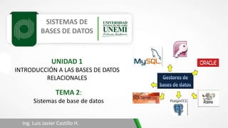 SISTEMAS DE
BASES DE DATOS
Ing. Luis Javier Castillo H.
UNIDAD 1
INTRODUCCIÓN A LAS BASES DE DATOS
RELACIONALES
TEMA 2:
Sistemas de base de datos
 