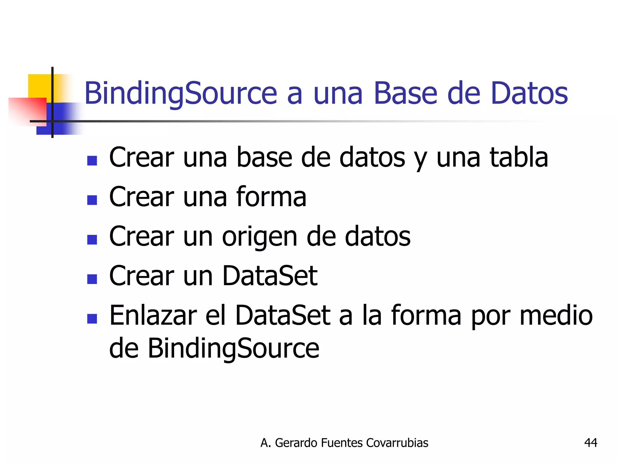 A. Gerardo Fuentes Covarrubias 
44 
BindingSource a una Base de Datos 
Crear una base de datos y una tabla 
Crear una forma 
Crear un origen de datos 
Crear un DataSet 
Enlazar el DataSet a la forma por medio de BindingSource  