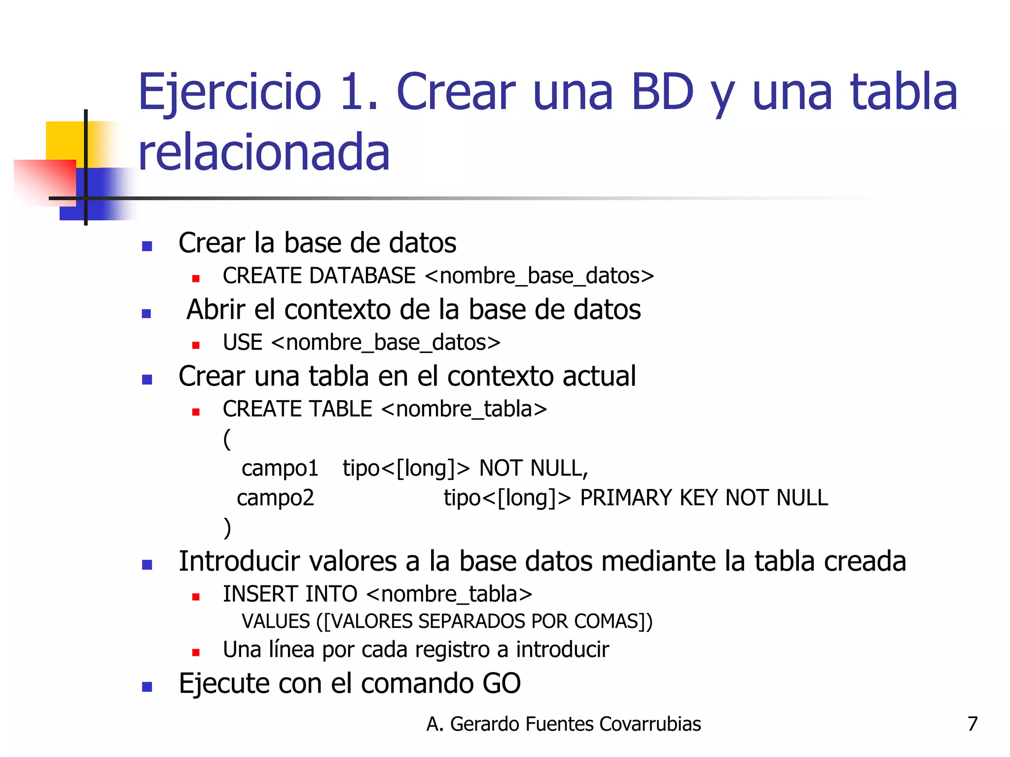 A. Gerardo Fuentes Covarrubias 
7 
Ejercicio 1. Crear una BD y una tabla relacionada 
Crear la base de datos 
CREATE DATABASE <nombre_base_datos> 
 Abrir el contexto de la base de datos 
USE <nombre_base_datos> 
Crear una tabla en el contexto actual 
CREATE TABLE <nombre_tabla> 
( 
campo1 tipo<[long]> NOT NULL, 
campo2 tipo<[long]> PRIMARY KEY NOT NULL 
) 
Introducir valores a la base datos mediante la tabla creada 
INSERT INTO <nombre_tabla> 
VALUES ([VALORES SEPARADOS POR COMAS]) 
Una línea por cada registro a introducir 
Ejecute con el comando GO  
