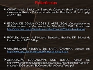 Referências

 CUNHA.

Murilo Bastos da. Bases de Dados no Brasil: Um potencial
inexplorado. Revista Ciência da Informação. Brasília, v. 18, n. 1., pág.
45-57. 1989.

 ESCOLA

DE COMUNICAÇÕES E ARTE (ECA). Departamento de
Biblioteconomia e Documentação. São Paulo. 2001. Acesso em:
http://www.eca.usp.br/departam/cbd/lina/recurso2/bases.htm#dados.

 ROWLEY.

Jennifer. A Biblioteca Eletrônica. Brasília, DF. Briquet de
Lemos Livros, 2002. 399 p.

 UNIVERSIDADE

FEDERAL DE SANTA CATARINA. Acesso em:
http://www.eps.ufsc.br/disserta97/heemann/cap3.htm.

 ASSOCIAÇÃO

EDUCACIONAL DOM BOSCO. Acesso em:
http://www.aedb.br/faculdades/adm/download/3ANO/Sistemas%20Infor
macoes%20Gerenciais/SigConceitoBancoDadosTexto.pdf.

 