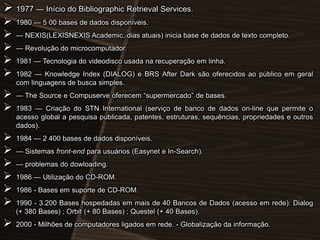  1977 — Início do Bibliographic Retrieval Services.















1980 — 5 00 bases de dados disponíveis.
— NEXIS(LEXISNEXIS Academic, dias atuais) inicia base de dados de texto completo.
— Revolução do microcomputador.
1981 — Tecnologia do videodisco usada na recuperação em linha.
1982 — Knowledge Index (DIALOG) e BRS After Dark são oferecidos ao público em geral
com linguagens de busca simples.
— The Source e Compuserve oferecem ―supermercado‖ de bases.
1983 — Criação do STN International (serviço de banco de dados on-line que permite o
acesso global a pesquisa publicada, patentes, estruturas, sequências, propriedades e outros
dados).
1984 — 2 400 bases de dados disponíveis.
— Sistemas front-end para usuários (Easynet e In-Search).
— problemas do dowloading.

1986 — Utilização do CD-ROM.
1986 - Bases em suporte de CD-ROM.
1990 - 3.200 Bases hospedadas em mais de 40 Bancos de Dados (acesso em rede): Dialog
(+ 380 Bases) ; Orbit (+ 80 Bases) ; Questel (+ 40 Bases).
2000 - Milhões de computadores ligados em rede. - Globalização da informação.

 