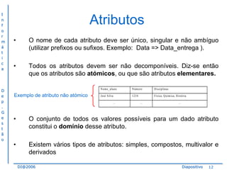 I
n
f
o
r
m
á
t
i
c
a

D
e
p
.
G
e
s
t
ã
o

Atributos
•

O nome de cada atributo deve ser único, singular e não ambíguo
(utilizar prefixos ou sufixos. Exemplo: Data => Data_entrega ).

•

Todos os atributos devem ser não decomponíveis. Diz-se então
que os atributos são atómicos, ou que são atributos elementares.
N om e_aluno

Exemplo de atributo não atómico

N úm ero

D isciplinas

José Silva

1234

Física, Q uím ica, H istória

...

...

...

•

O conjunto de todos os valores possíveis para um dado atributo
constitui o domínio desse atributo.

•

Existem vários tipos de atributos: simples, compostos, multivalor e
derivados
DI@2006

Diapositivo

12

 