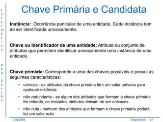 I
n
f
o
r
m
á
t
i
c
a

D
e
p
.
G
e
s
t
ã
o

Chave Primária e Candidata
Instância: Ocorrência particular de uma entidade. Cada instância tem
de ser identificada univocamente.

Chave ou Identificador de uma entidade: Atributo ou conjunto de
atributos que permitem identificar univocamente uma instância de uma
entidade.

Chave primária: Corresponde a uma das chaves possíveis e possui as
seguintes características:
• unívoca - os atributos da chave primária têm um valor unívoco para
qualquer instância;

• não redundante - se algum dos atributos que formam a chave primária
for retirado, os restantes atributos deixam de ser unívocos
• não nula - nenhum dos atributos que formam a chave primária poderá
ter um valor nulo.
DI@2006

Diapositivo

17

 