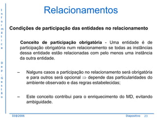 I
n
f
o
r
m
á
t
i
c
a

D
e
p
.
G
e
s
t
ã
o

Relacionamentos
Condições de participação das entidades no relacionamento
Conceito de participação obrigatória - Uma entidade é de
participação obrigatória num relacionamento se todas as instâncias
dessa entidade estão relacionadas com pelo menos uma instância
da outra entidade.
–

Nalguns casos a participação no relacionamento será obrigatória
e para outros será opcional
depende das particularidades do
ambiente observado e das regras estabelecidas;

–

Este conceito contribui para o enriquecimento do MD, evitando
ambiguidade.

DI@2006

Diapositivo

23

 