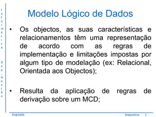 I
n
f
o
r
m
á
t
i
c
a

D
e
p
.
G
e
s
t
ã
o

Modelo Lógico de Dados
•

Os objectos, as suas características e
relacionamentos têm uma representação
de
acordo
com
as
regras
de
implementação e limitações impostas por
algum tipo de modelação (ex: Relacional,
Orientada aos Objectos);

•

Resulta da aplicação de
derivação sobre um MCD;
DI@2006

regras

Diapositivo

de

9

 