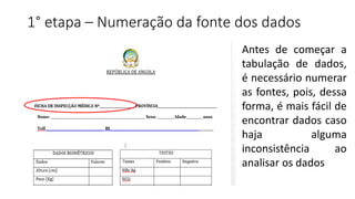 1° etapa – Numeração da fonte dos dados
Antes de começar a
tabulação de dados,
é necessário numerar
as fontes, pois, dessa
forma, é mais fácil de
encontrar dados caso
haja alguma
inconsistência ao
analisar os dados
 