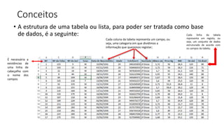 Conceitos
• A estrutura de uma tabela ou lista, para poder ser tratada como base
de dados, é a seguinte:
Cada coluna da tabela representa um campo, ou
seja, uma categoria em que dividimos a
informação que queremos registar;
Cada linha da tabela
representa um registo, ou
seja, um conjunto de dados
estruturado de acordo com
os campos da tabela;
É necessária a
existências de
uma linha de
cabeçalho com
o nome dos
campos
 