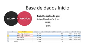 Base de dados Inicio
Trabalho realizado por:
Fábio Mendes Cardoso
Nº961
ETPS
 
