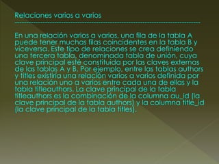 Relaciones varios a varios
--------------------------------------------------------------------------------
En una relación varios a varios, una fila de la tabla A
puede tener muchas filas coincidentes en la tabla B y
viceversa. Este tipo de relaciones se crea definiendo
una tercera tabla, denominada tabla de unión, cuya
clave principal esté constituida por las claves externas
de las tablas A y B. Por ejemplo, entre las tablas authors
y titles existiría una relación varios a varios definida por
una relación uno a varios entre cada una de ellas y la
tabla titleauthors. La clave principal de la tabla
titleauthors es la combinación de la columna au_id (la
clave principal de la tabla authors) y la columna title_id
(la clave principal de la tabla titles).
 