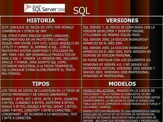 SQL HISTORIA VERSIONES ESTE LENGUAJE SE INICIA EN 1974, POR DONALD CHAMBERLIN Y OTROS DE IBM. SQL-STRUCTURED ENGLISH QUERY LANGUAJE, IMPLEMENTADO EN UN PROTOTIPO LLAMADO SEQUEL-XRM ENTRE 1974-1975, LUEGO SEQUEL/2 EN 1976/77 Y CAMBIO  EL NOMBRE A SQL., CON EL PROTOTIPO SYSTEM ADOPTADO Y UTILIZADO EN IBM. PARA 1981 IBM DESARROLLO PRODUCTOS EN BASE A SQL Y  VENDEN  LA VERSION DB2, INCLUIDO ORACLE Y SYBASE. ANSI ADOPTO SQL COMO ESTÁNDAR INDUSTRIAL A LA FECHA TENEMOS EL SQL3,LENGUAJE STAND-ALONE,PERMITE EL TRATO MULTIMEDIA. SQL SERVER 7, AL INICIO SE CONFUNDIA CON LA VERSION DEVELOPER Y DESKTOP ENGINE, UTILIZABAN LAS MISMAS SIGLAS MSDE. SQL SERVER 2000, LA EDICION WORKGROUP APARECIO EN EL AÑO 2005 SQL SERVER 2005, LA EDICION WORKGROUP APARECIO EN EL AÑO 2005, ESTA VERSION NO DISPONE DE EDICION PERSONAL. SE PUEDE INSTALAR CON LOS SIGUIENTES SO: WINDOWS NT SERVER 4.0, Y NT SERVER 4.0 ENTERPRISE EDITION, WINDOWS 2000 SERVER Y SERVER 2003, WINDOWS 2000 PROFESIONAL, WINDOWS XP PROFESIONAL. TIPOS MODELOS LOS TIPOS DE DATOS SE CLASIFICAN EN 13 TIPOS DE DATOS PRIMARIOS Y DE VARIOS SINONIMOS: BINARY 1 BYTE, BIT 1 BYTE, BYTE 1 BYTE, COUNTER 4 BYTES, CURRENCY 8 BYTES, DATETIME 8 BYTES, SINGLE 4 BYTES, DOUBLE 8 BYTES, SHORT 2 BYTES, LONG 4 BYTES, LONGTEXT 1 BYTE X CARÁCTER, LONGBYNARY . DE ACUERDO A LA NECESIDAD, TEXT 1 BYTE X CARÁCTER. MODELO RELACIONAL , BASADO EN LA LOGICA DE  PREDICADOS Y EN LA TEORIA DE CONJUNTOS, ES MUY UTILIZADO PARA PROBLEMAS REALES Y ADMINISTRAR DATOS DINAMICAMENTE, LA RELACION ES COMO SI FUESES UNA TABLA QUE ESTA COMPUESTA X REGISTROS(FILAS O TUPLA) Y COLUMNAS ( CAMPOS) MODELO ENTIDAD-RELACION, ES UNA HERRAMIENTA PARA EL MODELADO DE  DATOS EN UN SISTEMA DE INFORMACION, EXPRESAN ENTIDADES RELEVANTES PARA UN SIISTEMA DE  INFORM.  ASI COMO SUS INTERRELACIONES Y PROPIEDADES. 
