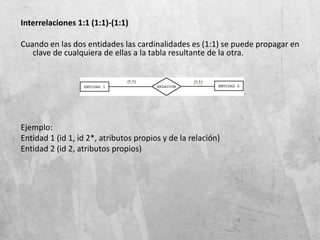 Interrelaciones 1:1 (1:1)-(1:1)
Cuando en las dos entidades las cardinalidades es (1:1) se puede propagar en
clave de cualquiera de ellas a la tabla resultante de la otra.
Ejemplo:
Entidad 1 (id 1, id 2*, atributos propios y de la relación)
Entidad 2 (id 2, atributos propios)
 