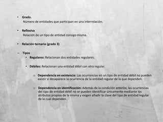 • Grado.
Número de entidades que participan en una interrelación.
• Reflexiva
Relación de un tipo de entidad consigo misma.
• Relación ternaria (grado 3)
– Tipos
• Regulares: Relacionan dos entidades regulares.
• Débiles: Relacionan una entidad débil con otra regular.
o Dependencia en existencia: Las ocurrencias en un tipo de entidad débil no pueden
existir si desaparece la ocurrencia de la entidad regular de la que dependen.
o Dependencia en identificación: Además de la condición anterior, las ocurrencias
del tipo de entidad débil no se pueden identificar únicamente mediante los
atributos propios de la misma y exigen añadir la clave del tipo de entidad regular
de la cual dependen.
 