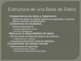 Estructura de una Base de DatosIndependencia de datos y tratamiento. 