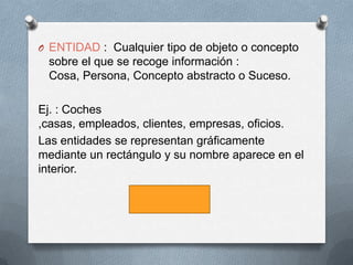 ENTIDAD :  Cualquier tipo de objeto o concepto sobre el que se recoge información : Cosa, Persona, Concepto abstracto o Suceso. Ej. : Coches ,casas, empleados, clientes, empresas, oficios.Las entidades se representan gráficamente mediante un rectángulo y su nombre aparece en el interior.