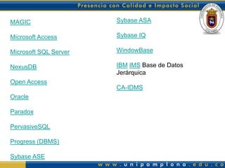 Sybase ASASybaseIQWindowBaseIBM IMS Base de Datos JerárquicaCA-IDMSMAGICMicrosoft AccessMicrosoft SQL ServerNexusDBOpen AccessOracleParadoxPervasiveSQLProgress(DBMS)SybaseASE