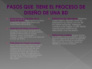 PASOS QUE  TIENE EL PROCESO DE DISEÑO DE UNA BDDeterminar el propósito de la base de datos:este paso le ayudará a decidir los datos que desea que visual foxpro almacene.Determinar las tablas necesarias:cuando ya conozca claramente el propósito de la base de datos, puede dividir la información en temas distintos, como “employees” u “orders”. cada tema será una tabla de la base de datos.Determinar los campos necesarios:Tiene que decidir la información que desea incluir en cada tabla. Cada categoría de información de una tabla se denomina campo y se muestra en forma de columna al examinar la tabla. Por ejemplo, un campo de la tabla Employee podría ser Last_name y otro podría ser Hire_date.Determinar las relacionesObserve cada tabla y decida cómo se relacionan sus datos con los de las tablas restantes. Agregue campos a las tablas o cree tablas nuevas para clarificar las relaciones, si es necesario.Perfeccionar el diseñoBusque errores en el diseño. Cree las tablas y agregue algunos registros de datos de ejemplo. Vea si puede obtener los resultados que desea de sus tablas. Haga los ajustes necesarios al diseño.