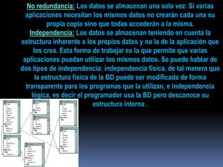 No redundancia:Los datos se almacenan una sola vez. Si varias aplicaciones necesitan los mismos datos no crearán cada una su propia copia sino que todas accederán a la misma. Independencia:Los datos se almacenan teniendo en cuenta la estructura inherente a los propios datos y no la de la aplicación que los crea. Esta forma de trabajar es la que permite que varias aplicaciones puedan utilizar los mismos datos. Se puede hablar de dos tipos de independencia: independencia física, de tal manera que la estructura física de la BD puede ser modificada de forma transparente para los programas que la utilizan, e independencia lógica, es decir el programador usa la BD pero desconoce su estructura interna .