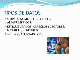 TIPOS DE DATOS SIMPLES: NUMERICOS, LOGICOS ALFANUMERICOS.ESTRUCTURADOS: ARREGLOS : VECTORES, MATRICES, REGISTROSARCHIVOS, APUNTADORES.