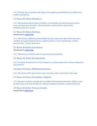 5.1.1 Permite que un mismo nodo tenga varios padres (posibilidad no permitida en el
modelo jerárquico).

5.2 Bases De Datos Dinámicas
5.2.1 Informacion almacenada se modifica con el tiempo, permitiendo operaciones
como actualizacion, borrado y adicion de datos, ademas de las operaciones
fundamentales de consulta.

5.3 Bases De Datos Estáticas
See document: support.aspx

5.3.1 Solo lectura, utilizadas primordialmente para almacenar datos historicos para
estudiar el comportamiento de un conjunto de datos a traves del tiempo, realizar
proyecciones y tomar deciciones.

5.4 Bases De Datos Jerárquicas
See document: support.aspx

5.4.1 Almacenan su información en una estructura jerárquica.

5.5 Bases De Datos Documentales
5.5.1 Permiten la indexación a texto completo, y en líneas generales realizar búsquedas
más potentes

5.6 Bases De Datos Multidimensionales
5.6.1 Para desarrollar aplicaciones muy concretas, como creación de cubos olap

5.7 Bases De Datos Orientadas a Objetos
5.7.1 Bastante reciente, y propio de los modelos informaticos enfocado a objetos, trata
de almacenar en la base de datos los objetos completos (estado y comportamiento).

5.8 Bases De Datos Transaccionales
See document: default.aspx
 