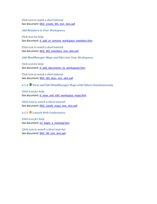 Click icon to watch a short tutorial
See document: MJC_create_WS_mm_skin.swf

Add Members to Your Workspaces

Click icon for help
See document: d_add_or_remove_workspace_members.htm

Click icon to watch a short tutorial
See document: MJC_WS_members_mm_skin.swf

Add MindManager Maps and Files into Your Workspaces

Click icon for help
See document: d_add_documents_to_workspaces.htm

Click icon to watch a short tutorial
See document: MJC_WS_docs_mm_skin.swf

6.1.4   View and Edit MindManager Maps with Others Simultaneously

Click icon for help
See document: d_view_and_edit_workspace_maps.htm

Click icon to watch a short tutorial
See document: MJC_coedit_maps_mm_skin.swf

6.1.5   Launch Web Conferences

Click icon for help
See document: im_begin_a_meeting.htm

Click icon to watch a short tutorial
See document: MJC_IM_mm_skin.swf
 