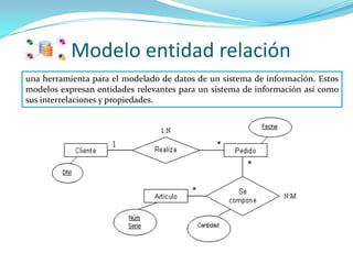 Modelo entidad relación
una herramienta para el modelado de datos de un sistema de información. Estos
modelos expresan entidades relevantes para un sistema de información así como
sus interrelaciones y propiedades.
 