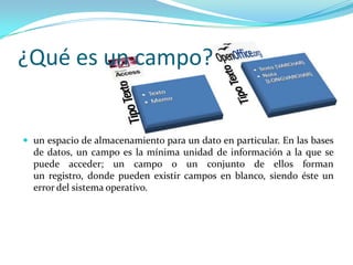 ¿Qué es un campo?


 un espacio de almacenamiento para un dato en particular. En las bases
  de datos, un campo es la mínima unidad de información a la que se
  puede acceder; un campo o un conjunto de ellos forman
  un registro, donde pueden existir campos en blanco, siendo éste un
  error del sistema operativo.
 