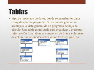 Tablas
• tipo de modelado de datos, donde se guardan los datos
  recogidos por un programa. Su estructura general se
  asemeja a la vista general de un programa de hoja de
  cálculo. Una tabla es utilizada para organizar y presentar
  información. Las tablas se componen de filas y columnas
  de celdas que se pueden rellenar con textos y gráficos
 
