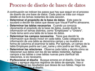 A continuación se indican los pasos que hay que seguir en el proceso
de diseño de una base de datos. Cada paso se trata con mayor
detalle en los temas restantes de esta sección.
 Determinar el propósito de la base de datos Este paso le
ayudará a decidir los datos que desea que Visual FoxPro almacene.
 Determinar las tablas necesarias Cuando ya conozca
claramente el propósito de la base de datos, puede dividir la
información en temas distintos, como "Employees" u "Orders".
Cada tema será una tabla de la base de datos.
 Determinar los campos necesarios Tiene que decidir la
información que desea incluir en cada tabla. Cada categoría de
información de una tabla se denomina campo y se muestra en
forma de columna al examinar la tabla. Por ejemplo, un campo de la
tabla Employee podría ser Last_name y otro podría ser Hire_date.
 Determinar las relaciones Observe cada tabla y decida cómo se
relacionan sus datos con los de las tablas restantes. Agregue
campos a las tablas o cree tablas nuevas para clarificar las
relaciones, si es necesario.
 Perfeccionar el diseño Busque errores en el diseño. Cree las
tablas y agregue algunos registros de datos de ejemplo. Vea si
puede obtener los resultados que desea de sus tablas. Haga los
ajustes necesarios al diseño.
 