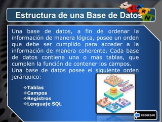 LOGO
Estructura de una Base de Datos
Una base de datos, a fin de ordenar la
información de manera lógica, posee un orden
que debe ser cumplido para acceder a la
información de manera coherente. Cada base
de datos contiene una o más tablas, que
cumplen la función de contener los campos.
Una base de datos posee el siguiente orden
jerárquico:
Tablas
Campos
Registros
Lenguaje SQL
REGRESAR
 