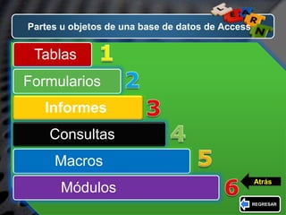 LOGO
Partes u objetos de una base de datos de Access
Tablas
Formularios
Informes
Consultas
Macros
Módulos
REGRESAR
Atrás
 