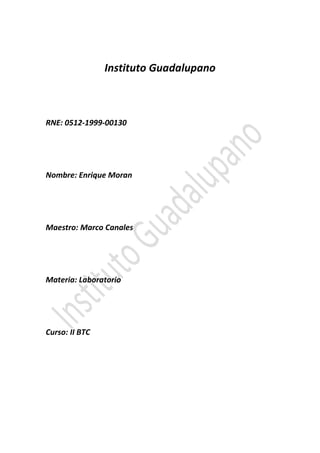 Instituto Guadalupano

RNE: 0512-1999-00130

Nombre: Enrique Moran

Maestro: Marco Canales

Materia: Laboratorio

Curso: II BTC

 
