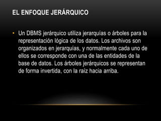 EL ENFOQUE JERÁRQUICO 
• Un DBMS jerárquico utiliza jerarquías o árboles para la 
representación lógica de los datos. Los archivos son 
organizados en jerarquías, y normalmente cada uno de 
ellos se corresponde con una de las entidades de la 
base de datos. Los árboles jerárquicos se representan 
de forma invertida, con la raíz hacia arriba. 
 