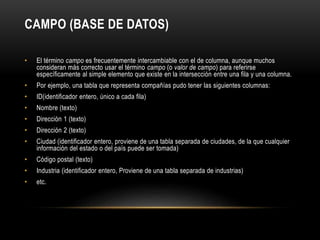 CAMPO (BASE DE DATOS) 
• El término campo es frecuentemente intercambiable con el de columna, aunque muchos 
consideran más correcto usar el término campo (o valor de campo) para referirse 
específicamente al simple elemento que existe en la intersección entre una fila y una columna. 
• Por ejemplo, una tabla que representa compañías pudo tener las siguientes columnas: 
• ID(identificador entero, único a cada fila) 
• Nombre (texto) 
• Dirección 1 (texto) 
• Dirección 2 (texto) 
• Ciudad (identificador entero, proviene de una tabla separada de ciudades, de la que cualquier 
información del estado o del país puede ser tomada) 
• Código postal (texto) 
• Industria (identificador entero, Proviene de una tabla separada de industrias) 
• etc. 
 