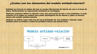 ¿Cuáles son los elementos del modelo entidad-relación?
Entidad: se trata de un objeto del que se recoje información de interés de cara a la base de
datos. Graficamente se representan mediante un rectángulo.
Relacion: podemos definir la relación como una asociación de dos o mas entidades. A cada
relación se le asigna un nombre para poder destinguirla de las demás y saber su función
dentro del modelo entidad-relación
Atributo: se define como cada una de las propiedades de una entidad o relación. Cada
atributo tiene su nombre y todos los posibles valores que puede tener.
 