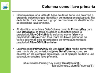 Columna como llave primaria
• Generalmente, una tabla de base de datos tiene una columna o
grupo de columnas que identifican de manera exclusiva cada fila
de la tabla. Esta columna o grupo de columnas de identificación
se denomina llave primaria.
• Al identificar una única DataColumn como la PrimaryKey para
una DataTable, la tabla establece automáticamente la
propiedad AllowDBNull de la columna como false y la
propiedad Unique como true. Para las llaves primarias de
varias columnas sólo se establece de forma automática la
propiedad AllowDBNull en false.
• La propiedad PrimaryKey de una DataTable recibe como valor
una matriz de uno o varios objetos DataColumn, como se
muestra en los ejemplos siguientes. En el ejemplo se define una
sola columna como llave primaria.
tablaClientes.PrimaryKey = new DataColumn[] {
tablaClientes.Columns["numcta"] };
 