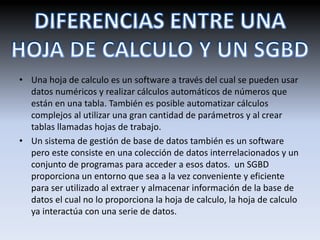 • Una hoja de calculo es un software a través del cual se pueden usar
datos numéricos y realizar cálculos automáticos de números que
están en una tabla. También es posible automatizar cálculos
complejos al utilizar una gran cantidad de parámetros y al crear
tablas llamadas hojas de trabajo.
• Un sistema de gestión de base de datos también es un software
pero este consiste en una colección de datos interrelacionados y un
conjunto de programas para acceder a esos datos. un SGBD
proporciona un entorno que sea a la vez conveniente y eficiente
para ser utilizado al extraer y almacenar información de la base de
datos el cual no lo proporciona la hoja de calculo, la hoja de calculo
ya interactúa con una serie de datos.
 