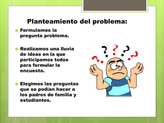 Planteamiento del problema:
 Formulamos la
pregunta problema.
 Realizamos una lluvia
de ideas en la que
participamos todos
para formular la
encuesta.
 Elegimos las preguntas
que se podían hacer a
los padres de familia y
estudiantes.
 