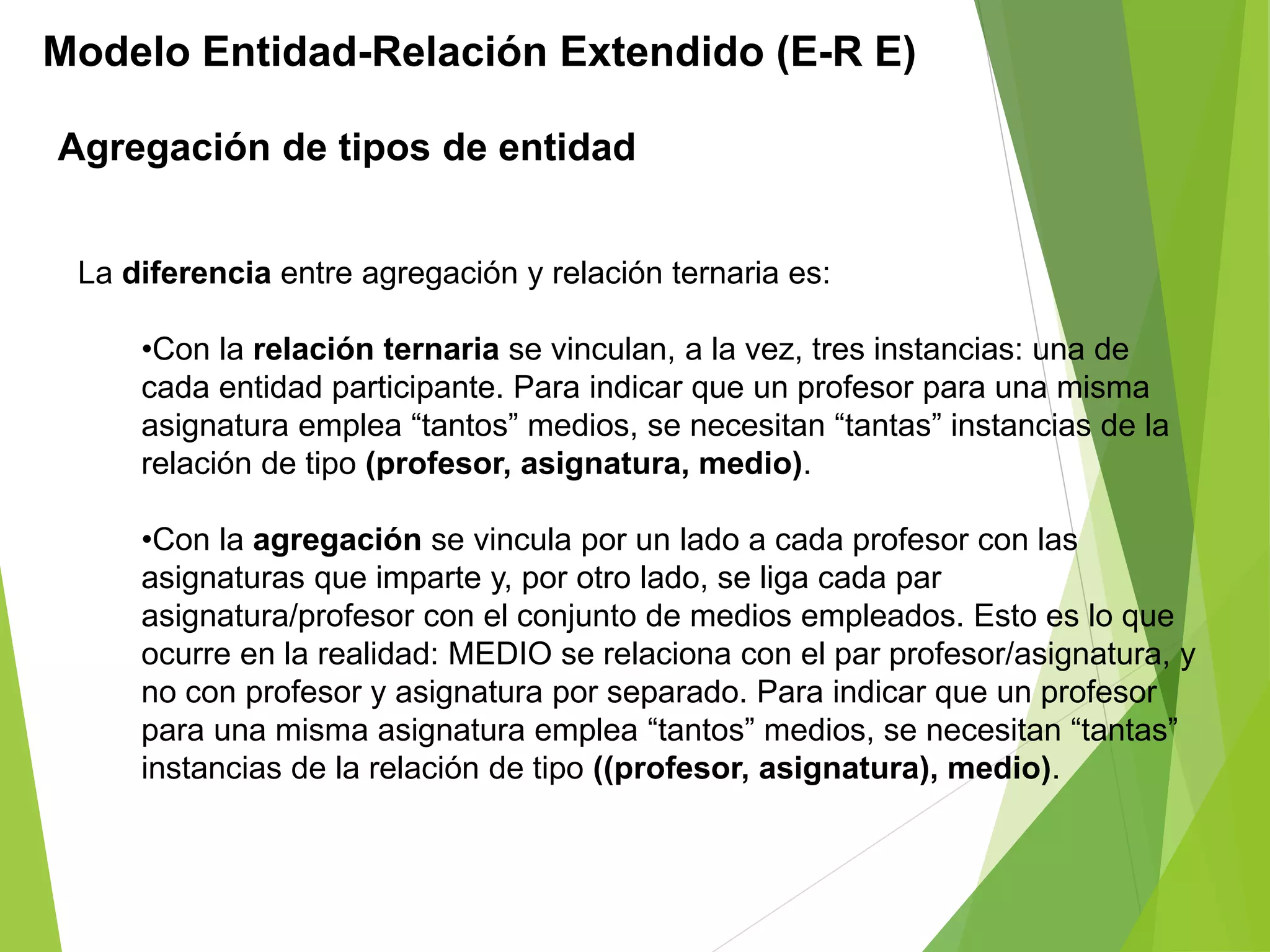 La diferencia entre agregación y relación ternaria es:
•Con la relación ternaria se vinculan, a la vez, tres instancias: una de
cada entidad participante. Para indicar que un profesor para una misma
asignatura emplea “tantos” medios, se necesitan “tantas” instancias de la
relación de tipo (profesor, asignatura, medio).
•Con la agregación se vincula por un lado a cada profesor con las
asignaturas que imparte y, por otro lado, se liga cada par
asignatura/profesor con el conjunto de medios empleados. Esto es lo que
ocurre en la realidad: MEDIO se relaciona con el par profesor/asignatura, y
no con profesor y asignatura por separado. Para indicar que un profesor
para una misma asignatura emplea “tantos” medios, se necesitan “tantas”
instancias de la relación de tipo ((profesor, asignatura), medio).
Modelo Entidad-Relación Extendido (E-R E)
Agregación de tipos de entidad
 
