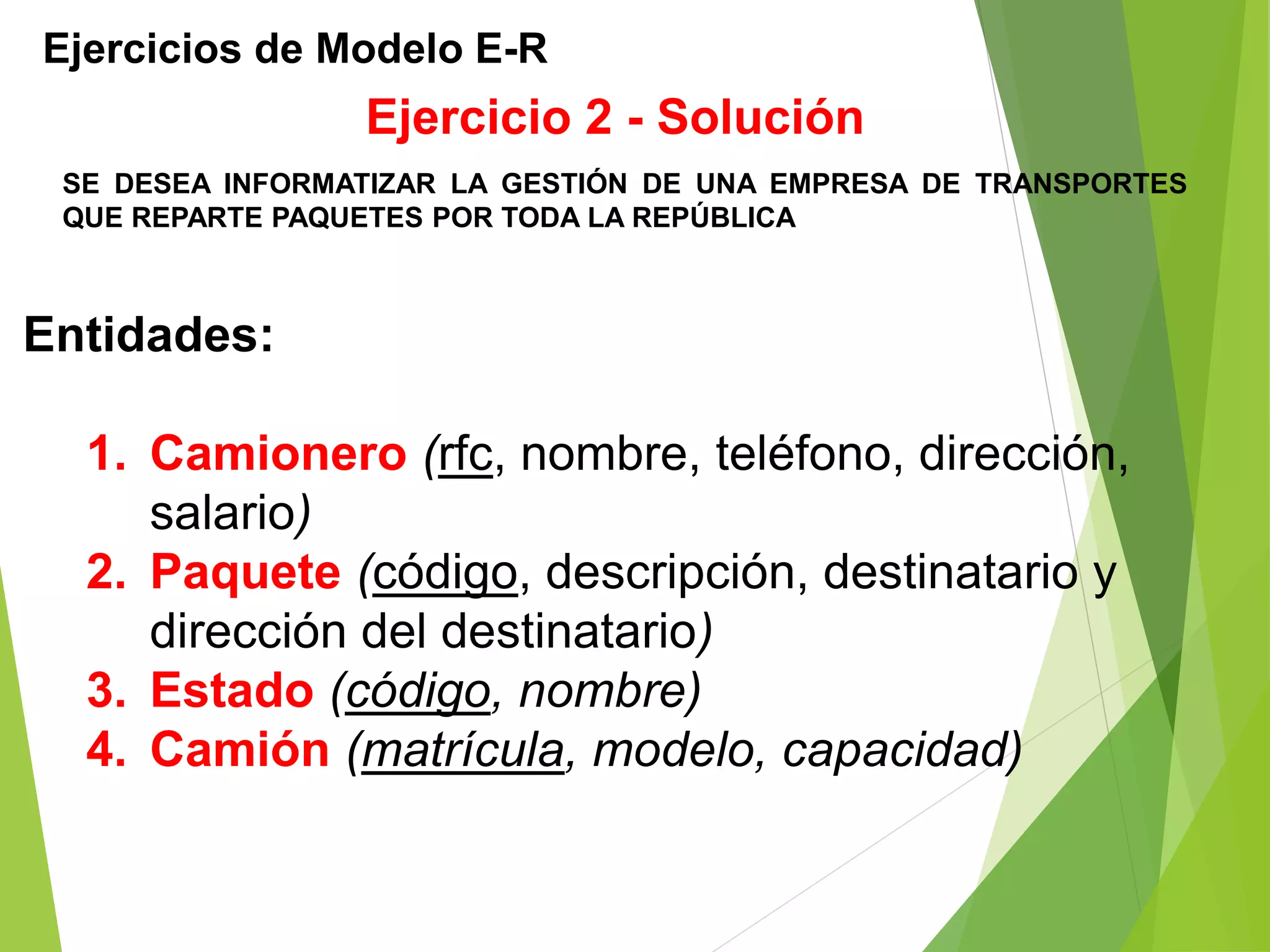 Ejercicios de Modelo E-R
SE DESEA INFORMATIZAR LA GESTIÓN DE UNA EMPRESA DE TRANSPORTES
QUE REPARTE PAQUETES POR TODA LA REPÚBLICA
Ejercicio 2 - Solución
Entidades:
1. Camionero (rfc, nombre, teléfono, dirección,
salario)
2. Paquete (código, descripción, destinatario y
dirección del destinatario)
3. Estado (código, nombre)
4. Camión (matrícula, modelo, capacidad)
 